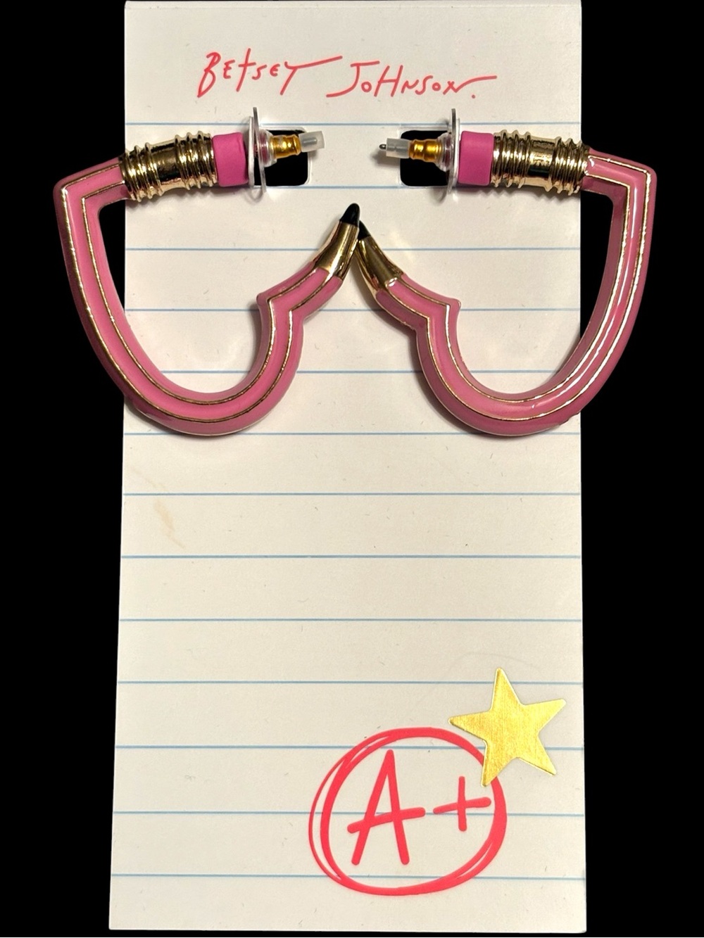 NWT•Betsey Johnson Pink Heart-Shaped Pencil Hoop Earrings with Gold Accents